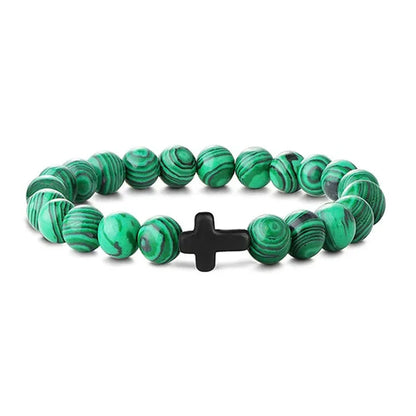 Pulseras de oración con cruz de hematita y rosario de cuentas de madera y piedra natural para hombres 