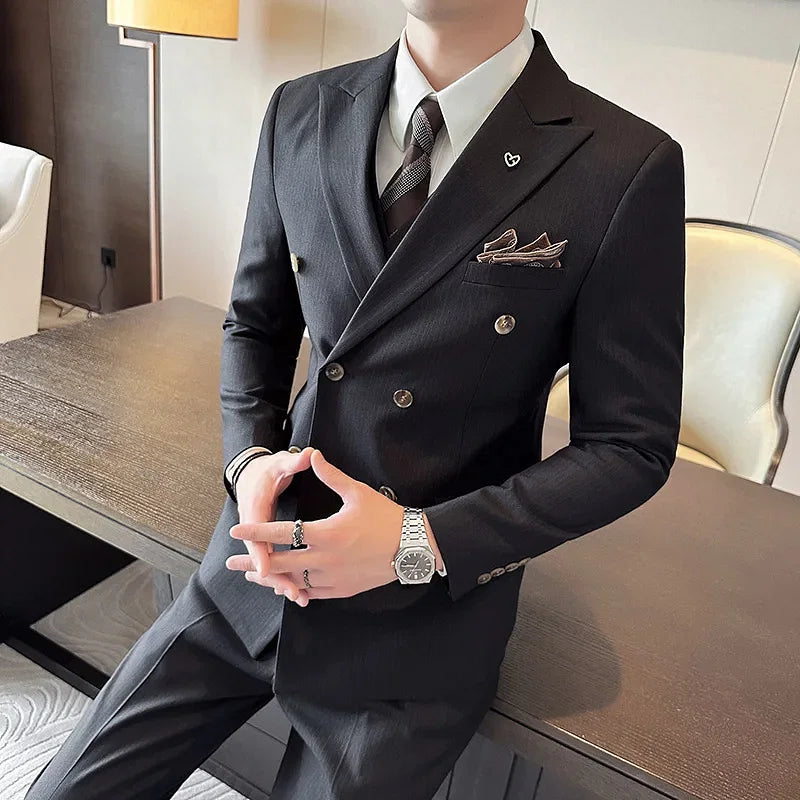 Color: SKY BLUE, Size: XXL - 2025 Men's Double Breasted 3/2 Piece Business Casual Wedding Dress Suit with  Trousers Regular Fit Bridegroom High Sense