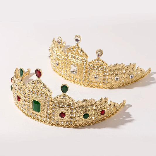 Color del metal: Dorado - LUIZADA Tocado redondo de princesa reina europea, corona de cristal para novia marroquí, tocado de novia rey, accesorios para el cabello de boda