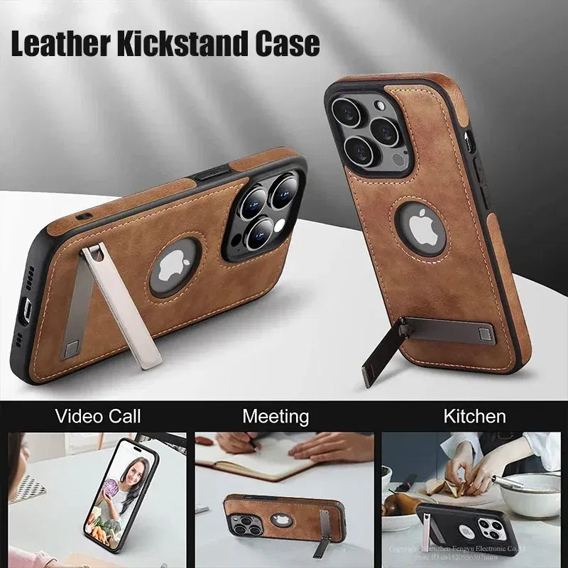 Color: Beige, Material: NEOPRENE - PU Leather Kickstand Phone Cases for iPhone 15 Pro Max 14 Plus 11 13 12 Mini Mobile Case with Holder Luxury Slim Shell Cover