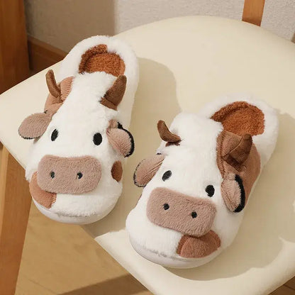 Color: black, Shoe Size: 45 - New Winter Unisex Cartoon Cow Warm Plush Slippers Couple's Indoor Non-slip House Mule Men And Women Toe Wrap Home Cotton Shoes