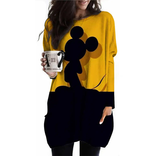 Color: Orange, Size: XXL - Women's T-shirt Disney Mickey Mouse printed long sleeved top for autumn daily loose long sleeved pocket pullover for women's Top