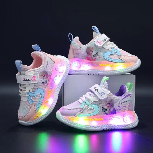 Color: Rosa, Talla del zapato: 13 - Zapatillas LED Disney para niños y niñas, zapatillas de deporte con iluminación de princesa Elsa de Frozen, zapatillas deportivas informales de color rosa y morado, talla 21-31
