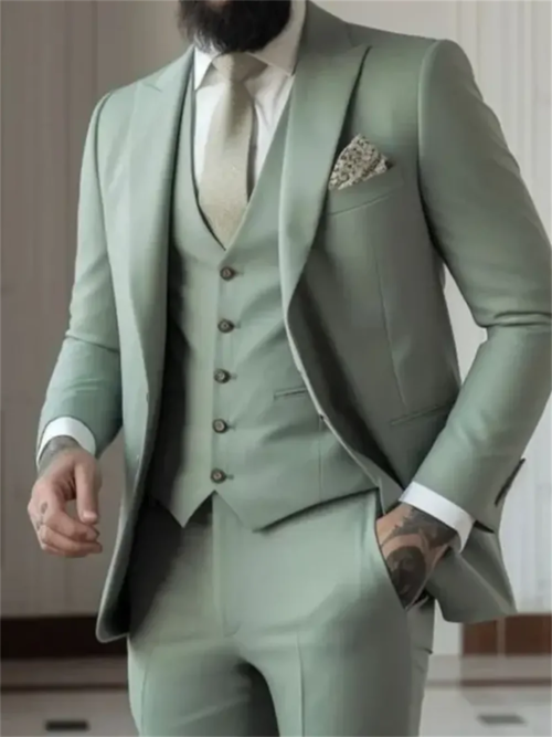 3 Piece Sage Green Men's Slim Fit Suits (Jacket+Vest+Pant) Wedding