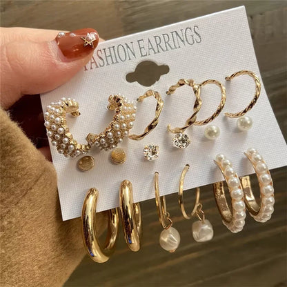 Fashion Geometric Hoop Earrings Set for Women Vintage Bohemian Pearl