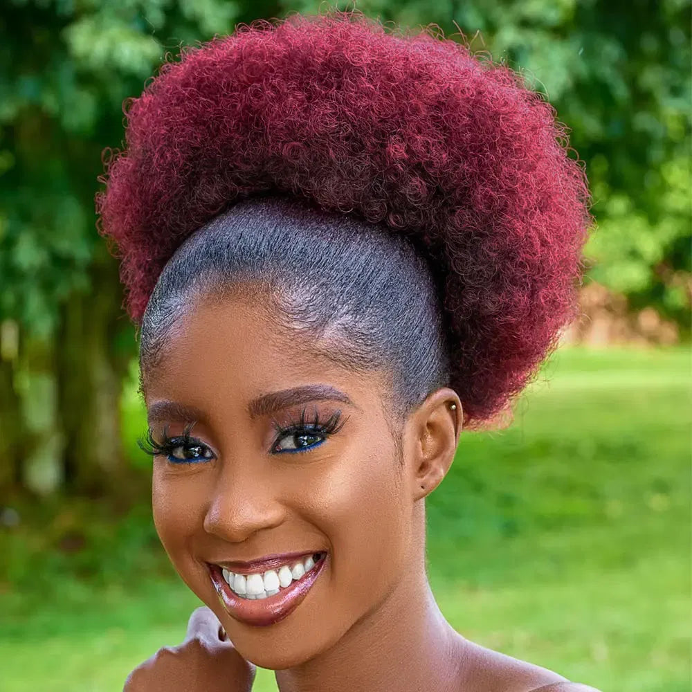 Color: T1B/Burgundy - Synthetic Big Afro Puff Drawstring Ponytail Extensions for Black Women 10Inch Kinky Curly Hair Bun Ponytail Wigs Daily Use