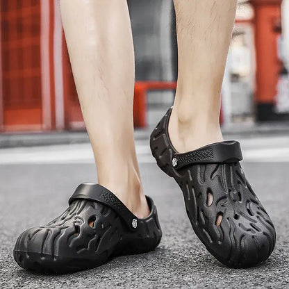 Color: PURPLE, Shoe Size: 41 - Men Summer Slippers Thick Sole Mens Clogs Sandals Hollow Breathable Flip Flops Sandals Shoes Fashion Beach Slippers