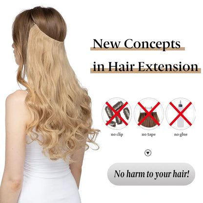 Color: 4/27HL, Stretched Length: 22INCHES - Synthetic No Clip Wave Hair Extensions Ombre Natural Black Blonde Pink One Piece False Hairpiece Fish Line Fake Hair Piece