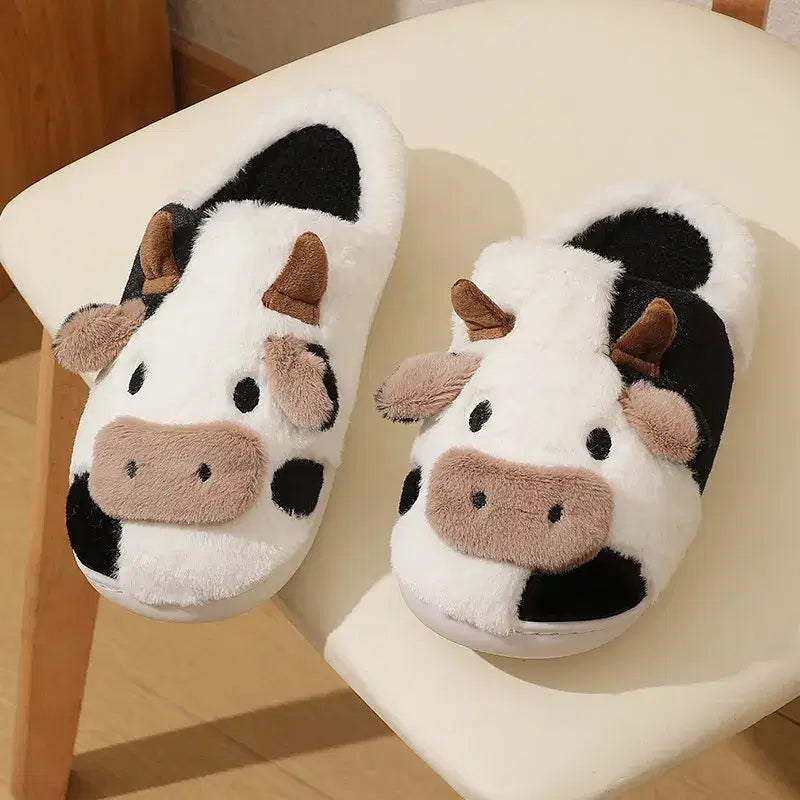 Color: black, Shoe Size: 45 - New Winter Unisex Cartoon Cow Warm Plush Slippers Couple's Indoor Non-slip House Mule Men And Women Toe Wrap Home Cotton Shoes