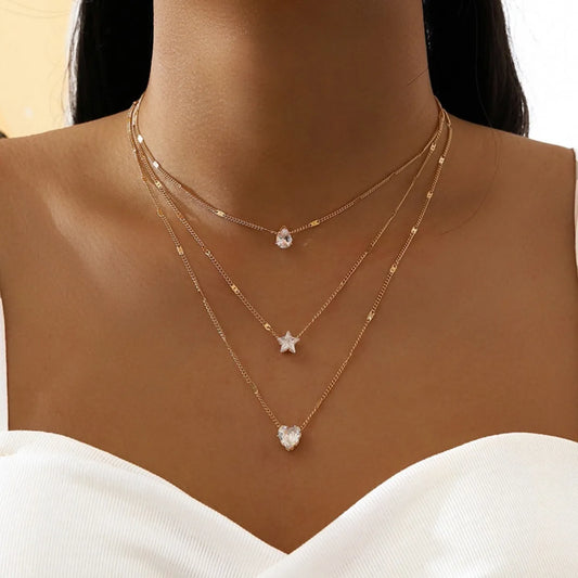Cadena con colgante de gota de agua en forma de corazón y estrella de cinco puntas de varias capas 
