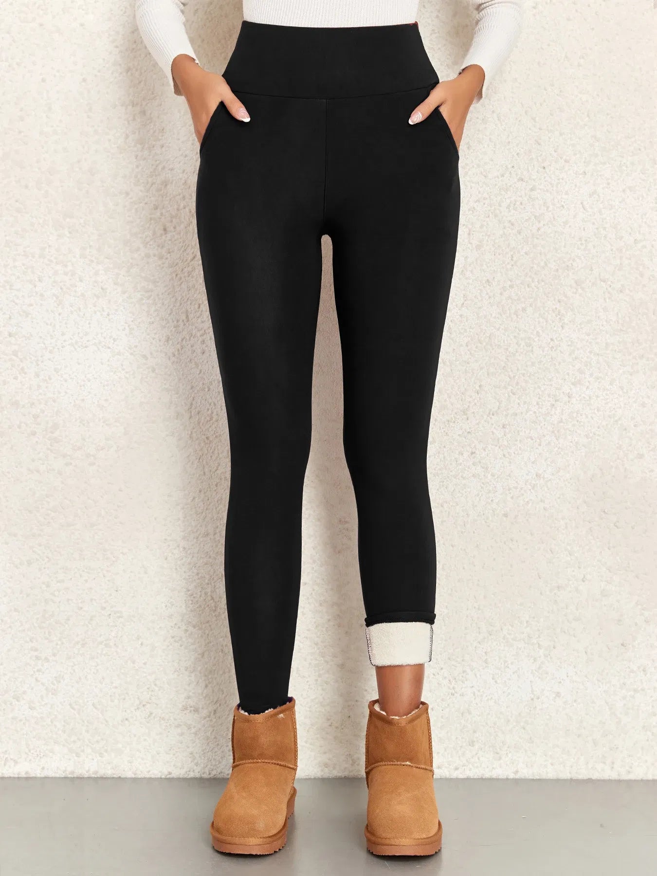 Color: Beige, Talla: XL - Leggings gruesos y cálidos de invierno con bolsillos para mujer, mallas de cintura alta, leggings casuales de terciopelo cálidos que previenen el frío, pantalones súper cálidos
