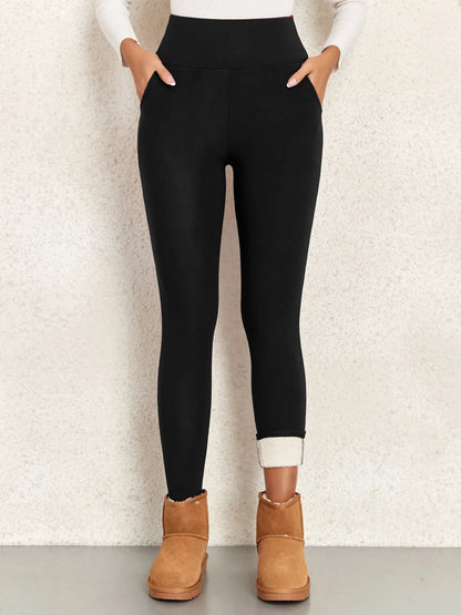 Color: Beige, Talla: XL - Leggings gruesos y cálidos de invierno con bolsillos para mujer, mallas de cintura alta, leggings casuales de terciopelo cálidos que previenen el frío, pantalones súper cálidos