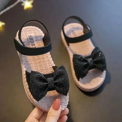 Color: Blue, Shoe Size: 2 - Girls Sandals 2024 Summer Princess Children Sandals Bow Tie Girl Shoes Fashion Casual Non Slip Kids Beach Shoes