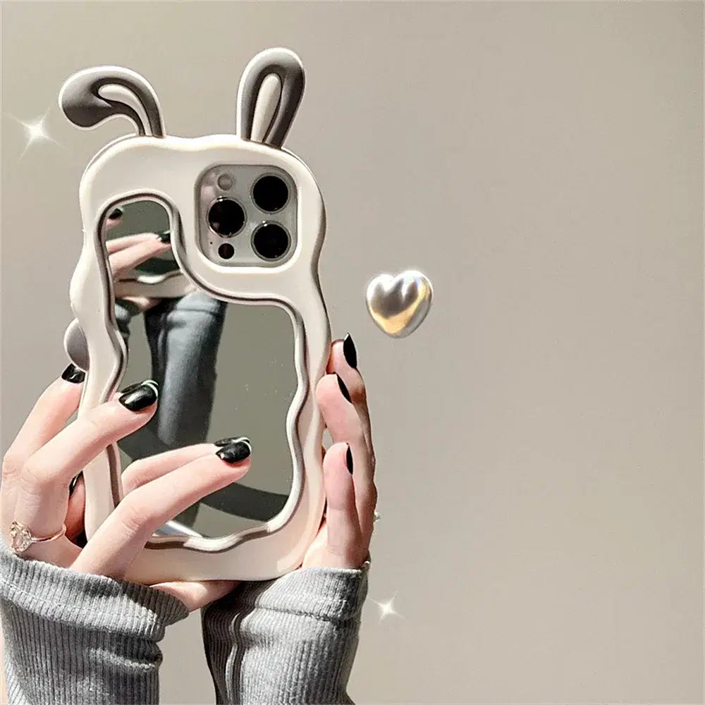 Color: Pink, Material: PU - Cute Bunny Ears Mirror Phone Case For iPhone 15 14 Plus 13 12 11 Pro Max Shockproof Silicone Case