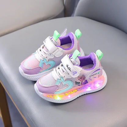 Color: Pink, Shoe Size: 13 - Disney Children Led Shoes Kids Girls Sneakers Frozen Elsa Princess Lighting Shoes Pink Purple Casual Sports Shoes Size 21-31