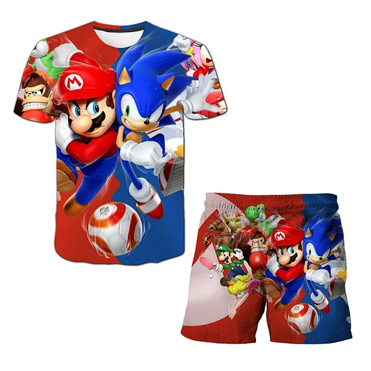 Color: Rosa, Talla: M - Nueva camiseta japonesa de dibujos animados de Sonic, camiseta para niños, top, pantalones cortos, conjunto de dos piezas, camiseta linda de dibujos animados de verano para niño + pantalones de playa