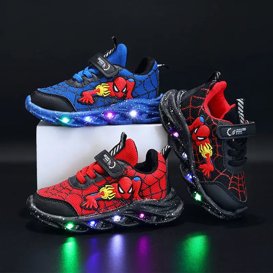 Talla de calzado: 25, Color: Azul - Zapatillas deportivas informales con luces LED, rojas y negras, para primavera, para niños, de malla con dibujos animados, para exteriores, antideslizantes, tallas 21-30