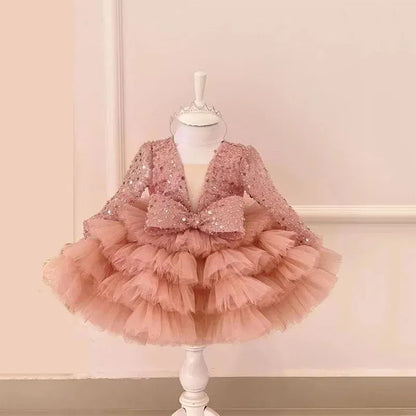 Kid Size: 6T, Color: Brown - 2-12 years old  sequin long-sleeved dress girl puffy dress girl lace birthday wedding flower girl bow performance dress