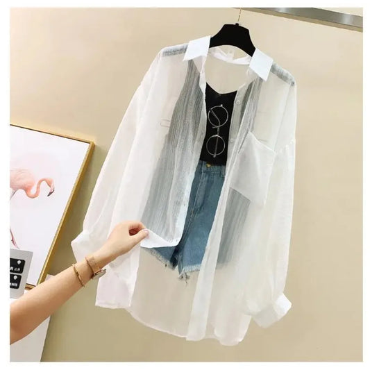 Camisa de verano con protección solar, elegante perspectiva, blusa fina de gasa coreana