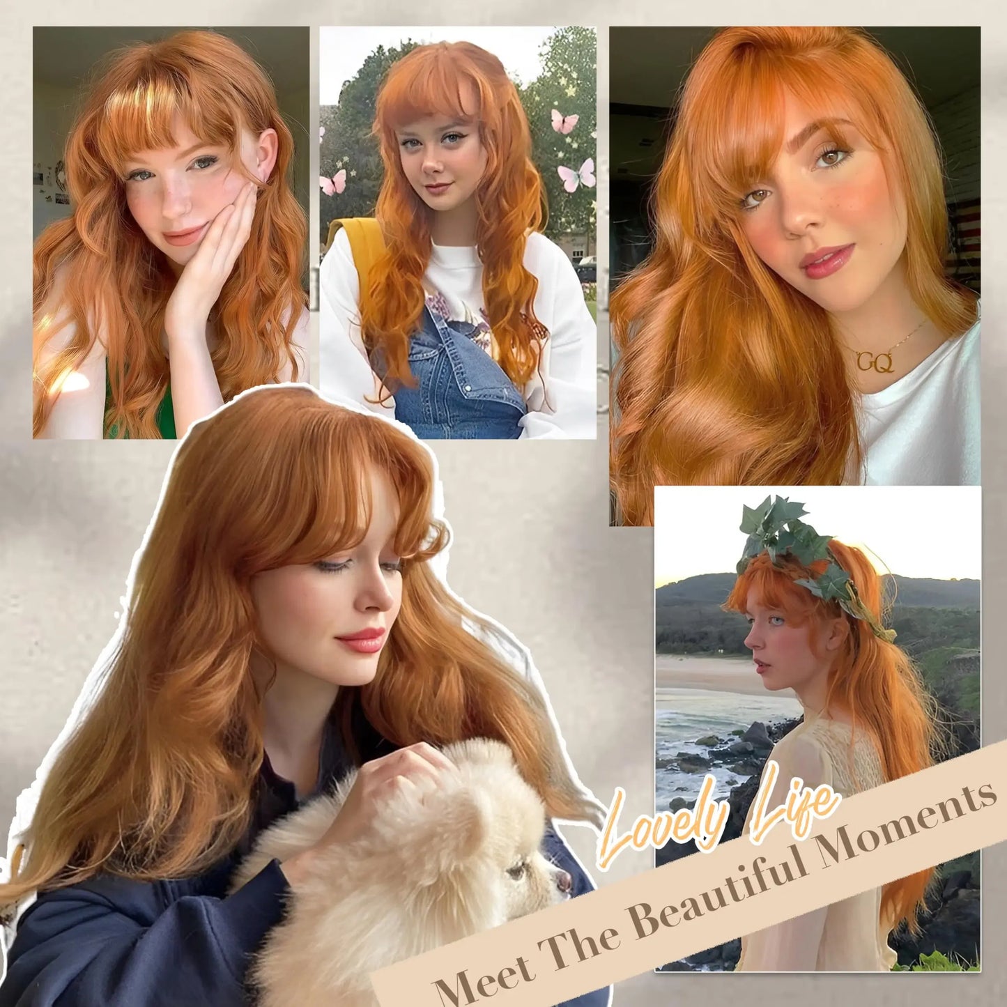 Color: T1B/27 - Orange synthetic wig with big waves for party, Halloween cosplay, daily use wig, high-temperature hair accessory