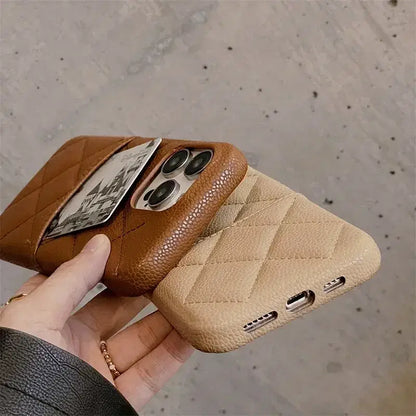 Color: Blue, Material: POLYESTER - Luxury Lattice Pattern Leather Cover for IPhone 16 15 14 13 Pro Max Credit Card Slot Holder Purse Wallet Shockproof Phone Case