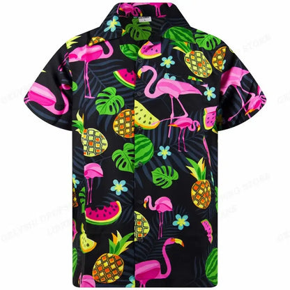 Color: Beige, Size: S - Flamingo Hawaiian Shirts Beach Summer Men's Shirt Tropic Leaf 3D Print Shirts Men Women Fashion Blouse Short Sleeve Vocation