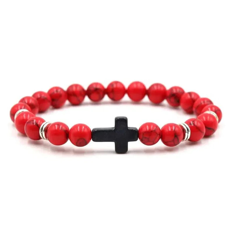 Pulseras de oración con cruz de hematita y rosario de cuentas de madera y piedra natural para hombres 