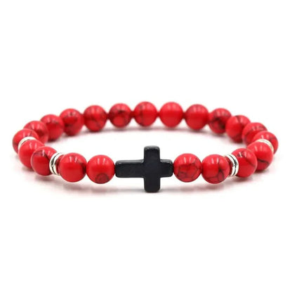 Pulseras de oración con cruz de hematita y rosario de cuentas de madera y piedra natural para hombres 