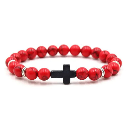Pulseras de oración con cruz de hematita y rosario de cuentas de madera y piedra natural para hombres 