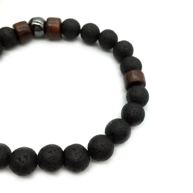 Pulsera única de piedra de lava natural para hombre, con cuentas de 8 mm y hebra curativa. 
