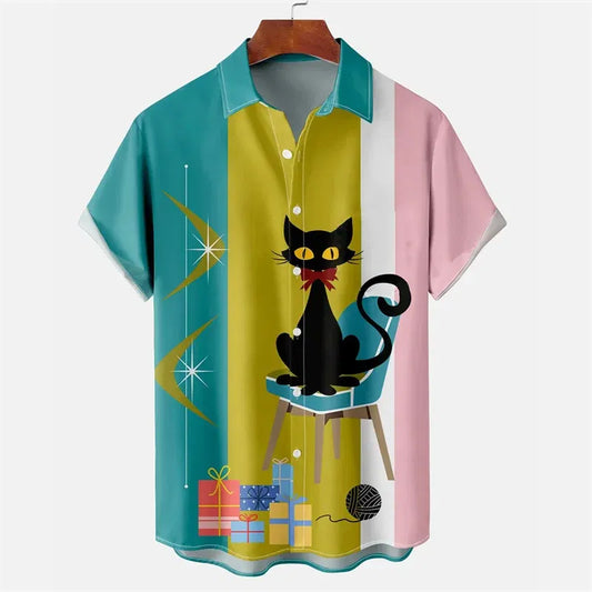 Color: Dark Grey, Size: XL - Men's Summer Shirts Egyptian Cat 3D Pattern Shirt Summer Lapel Short Sleeve Vintage Tops 2023 Unisex Men's And Women's Clothing