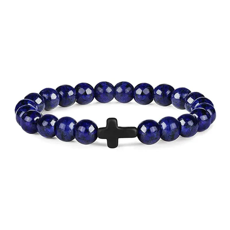 Pulseras de oración con cruz de hematita y rosario de cuentas de madera y piedra natural para hombres 
