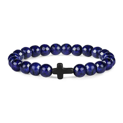 Pulseras de oración con cruz de hematita y rosario de cuentas de madera y piedra natural para hombres 