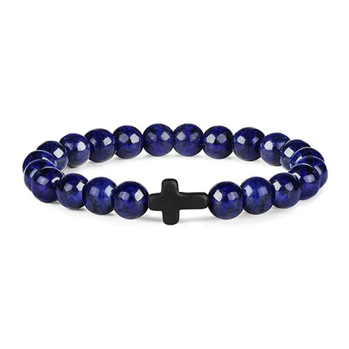 Pulseras de oración con cruz de hematita y rosario de cuentas de madera y piedra natural para hombres 
