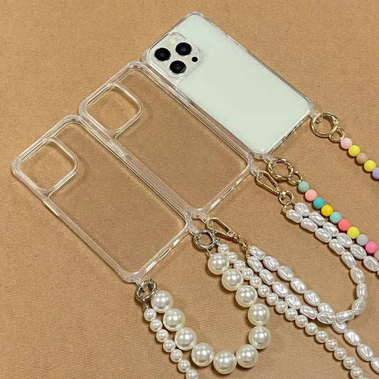 Color: Claret, Bundle: Case & Strap, Material: Denim - Korean Pearl Bracelets Chain Case with Lanyard Aesthetic Luxury Shell for Iphone 15 12 14 Pro Max XR X XS 7 8 Plus 15 Pro Cover