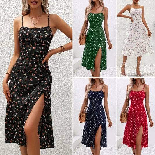 Color: Verde oscuro, Talla: XL - Vestido de verano 2025 con tirantes finos, estampado de lunares, sin mangas, con abertura, estilo bohemio, informal, para playa.