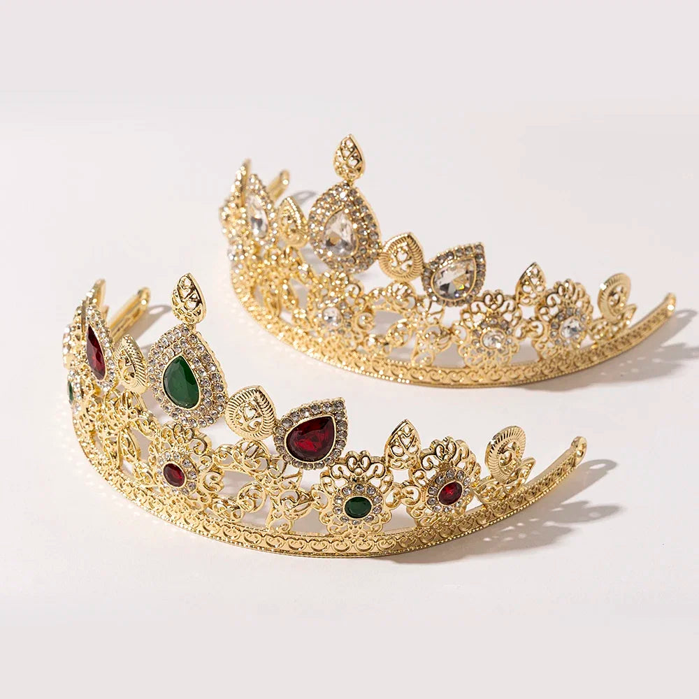 Metal color: Gold-color - LUIZADA European Princess Queen Round Headdress Moroccan Bride Crystal Crown King Bride Headdress Wedding Hair Accessories