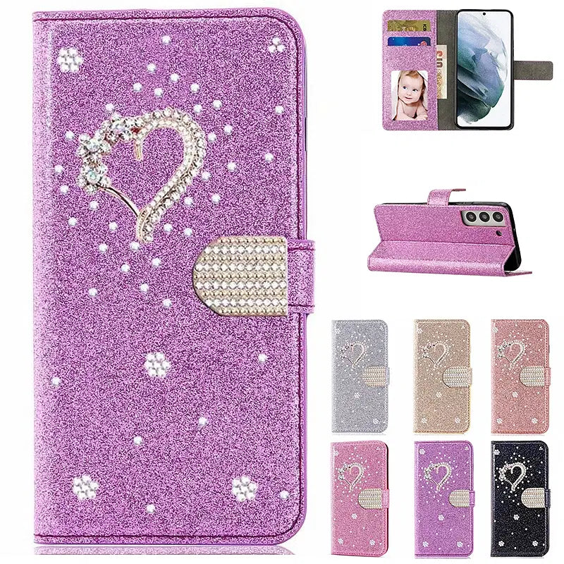 Color: Rose, Material: PVC - Wallet Leather Case For Samsung Galaxy S25 Ultra S24 FE S23 S22 S21 S20 Plus A35 A55 A13 A15 A16 A34 A54 Flip Flash Diamond