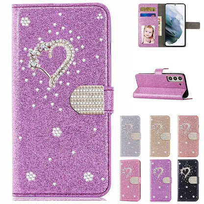 Color: Rose, Material: PVC - Wallet Leather Case For Samsung Galaxy S25 Ultra S24 FE S23 S22 S21 S20 Plus A35 A55 A13 A15 A16 A34 A54 Flip Flash Diamond