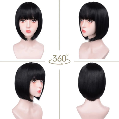 Color: #530 - Peluca sintética Bob rosa Cabello corto y liso con flequillo Peluca de seda de alta temperatura para uso diario para cosplay de Halloween multicolor