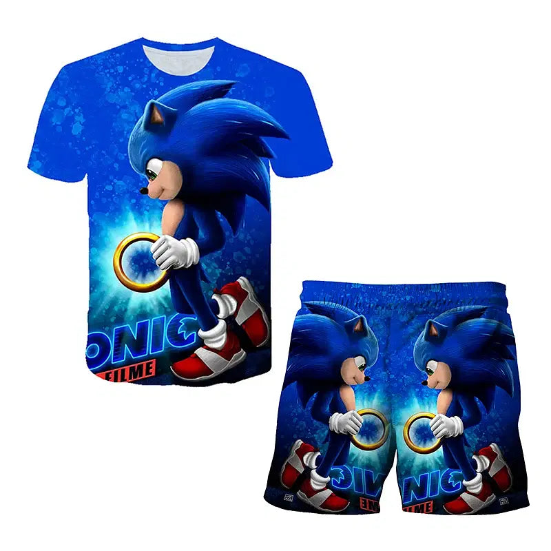 Color: Pink, Size: M - New Japanese cartoon Sonic T-shirt children's top T-shirt shorts two-piece set summer boy cartoon cute T-shirt+beach pants