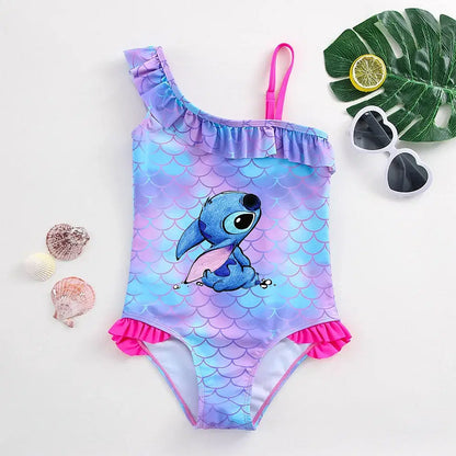 Color: Pink, Size: M - Stitch Girls Swimsuit Fashion Mermaid Fish Scale One-Piece Bathing Suits Children's Dresses Summer Swimwear Beach Suit Kids Wear