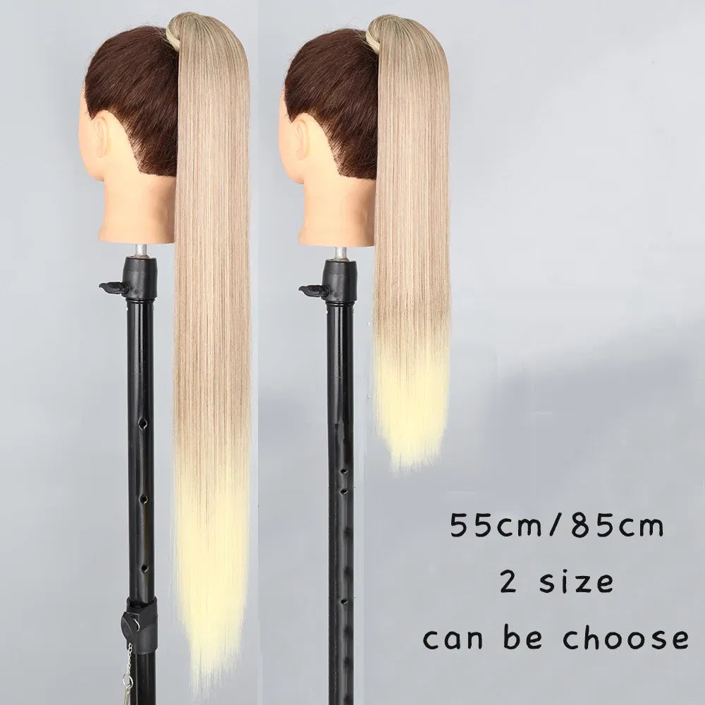Color: P2/613, Largo estirado: 34 pulgadas - AZQUEEN Postizo sintético liso con cola de caballo de 85 cm, extensiones de cabello con clip envolventes súper largas, cola de caballo para uso diario