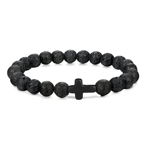 Pulseras de oración con cruz de hematita y rosario de cuentas de madera y piedra natural para hombres 