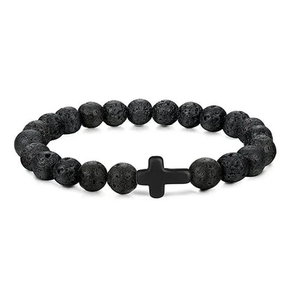 Pulseras de oración con cruz de hematita y rosario de cuentas de madera y piedra natural para hombres 