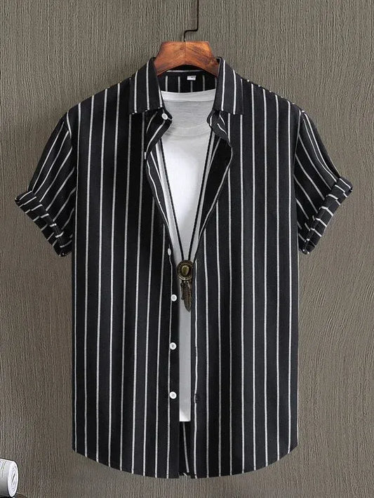 Color: Brown, Size: XXXL - Alternating Striped men's Shirts Summer Minimalist Shirts Beach Casual Style Short Sleeved Shirt Men's Hawaii Vacation Shirt