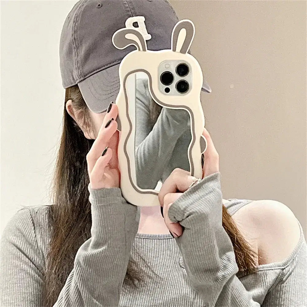 Color: Pink, Material: PU - Cute Bunny Ears Mirror Phone Case For iPhone 15 14 Plus 13 12 11 Pro Max Shockproof Silicone Case