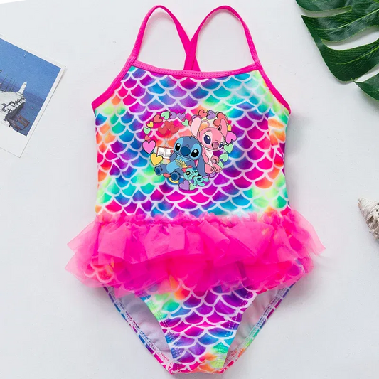 Color: Rosa, Talla de niña: 6M - Traje de baño de una pieza de verano para niña de Lilo Stitch, ropa de playa, traje de baño con estampado de escamas de sirena para piscina, traje de baño para nadar.