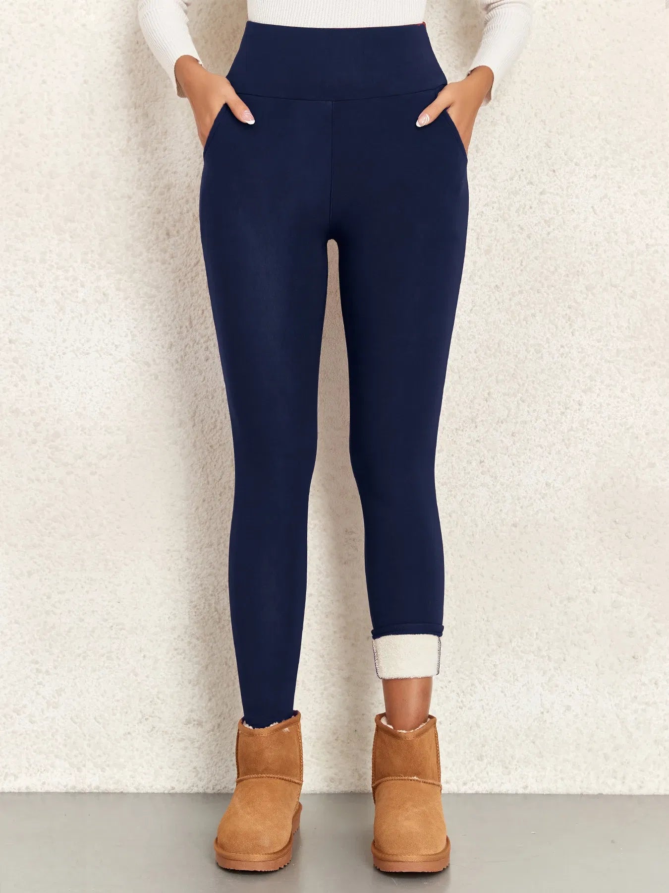 Color: Beige, Talla: XL - Leggings gruesos y cálidos de invierno con bolsillos para mujer, mallas de cintura alta, leggings casuales de terciopelo cálidos que previenen el frío, pantalones súper cálidos