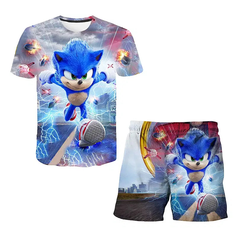 Color: Pink, Size: M - New Japanese cartoon Sonic T-shirt children's top T-shirt shorts two-piece set summer boy cartoon cute T-shirt+beach pants